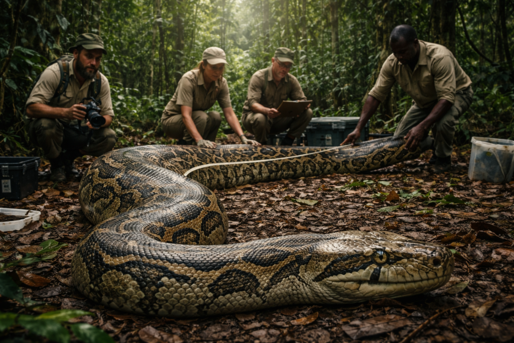 During a certified field expedition, an exceptionally large African python has been officially confirmed by herpetologists, stunning the scientific community