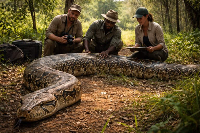 An exceptionally large African python is confirmed by herpetologists during a certified field expedition