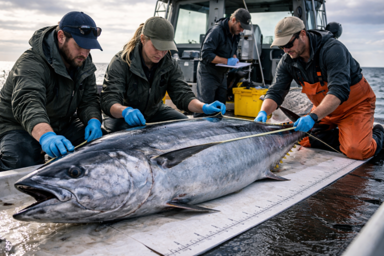 A rare giant bluefin tuna is measured and confirmed by marine biologists using peer-reviewed protocols