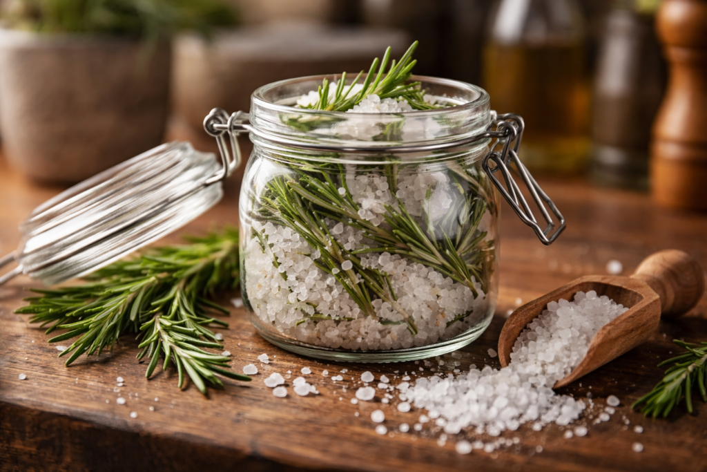 Rosemary and coarse salt: why you should keep them together in a jar indoors