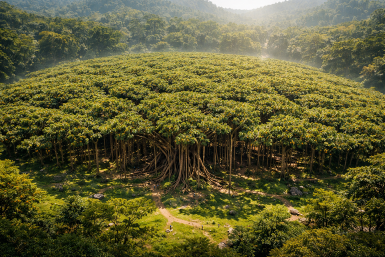 It looks like a forest, but itâ€™s a single tree: it covers 8,500 square meters, is 20 meters tall, and produces 80,000 fruits per harvest