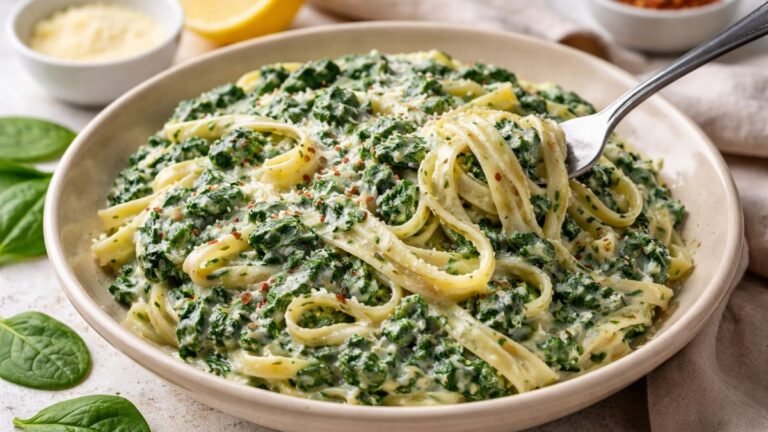 This creamy spinach pasta uses frozen spinach and still tastes fresh